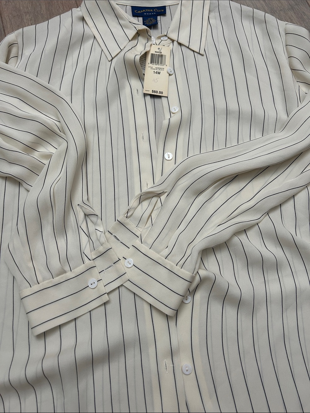 Charter Club Silk Cream Button-Down Shirt with black Pinstripes size 14 W - Picture 10 of 15